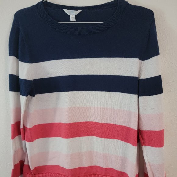 Large Striped Time & True Pink White Blue Shirt Sweater - Picture 1 of 5